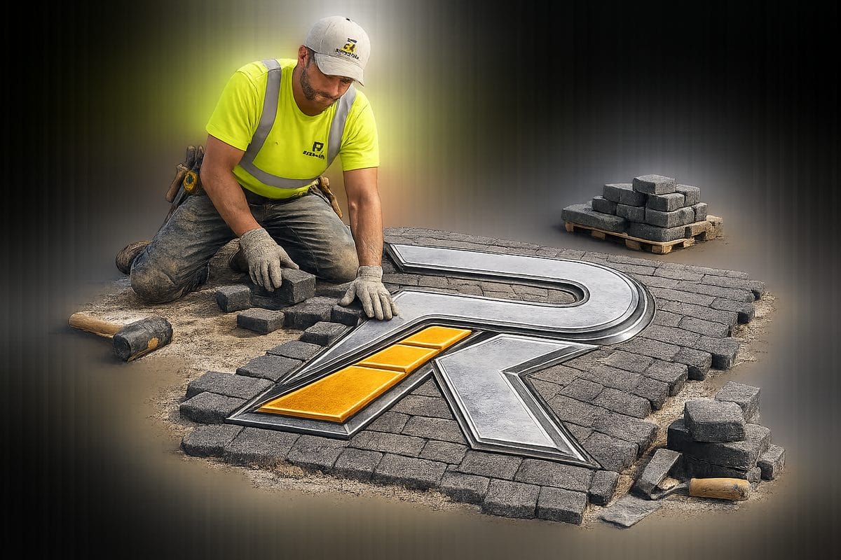 PaveKing worker installing pavers around the 3D logo